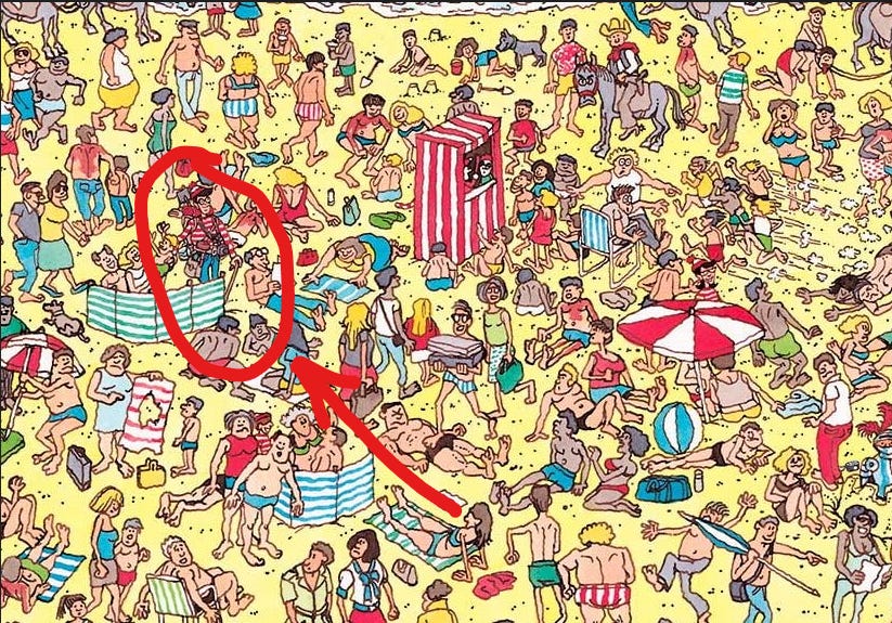 Zoomed-in version of beach Waldo scene with Waldo circled in