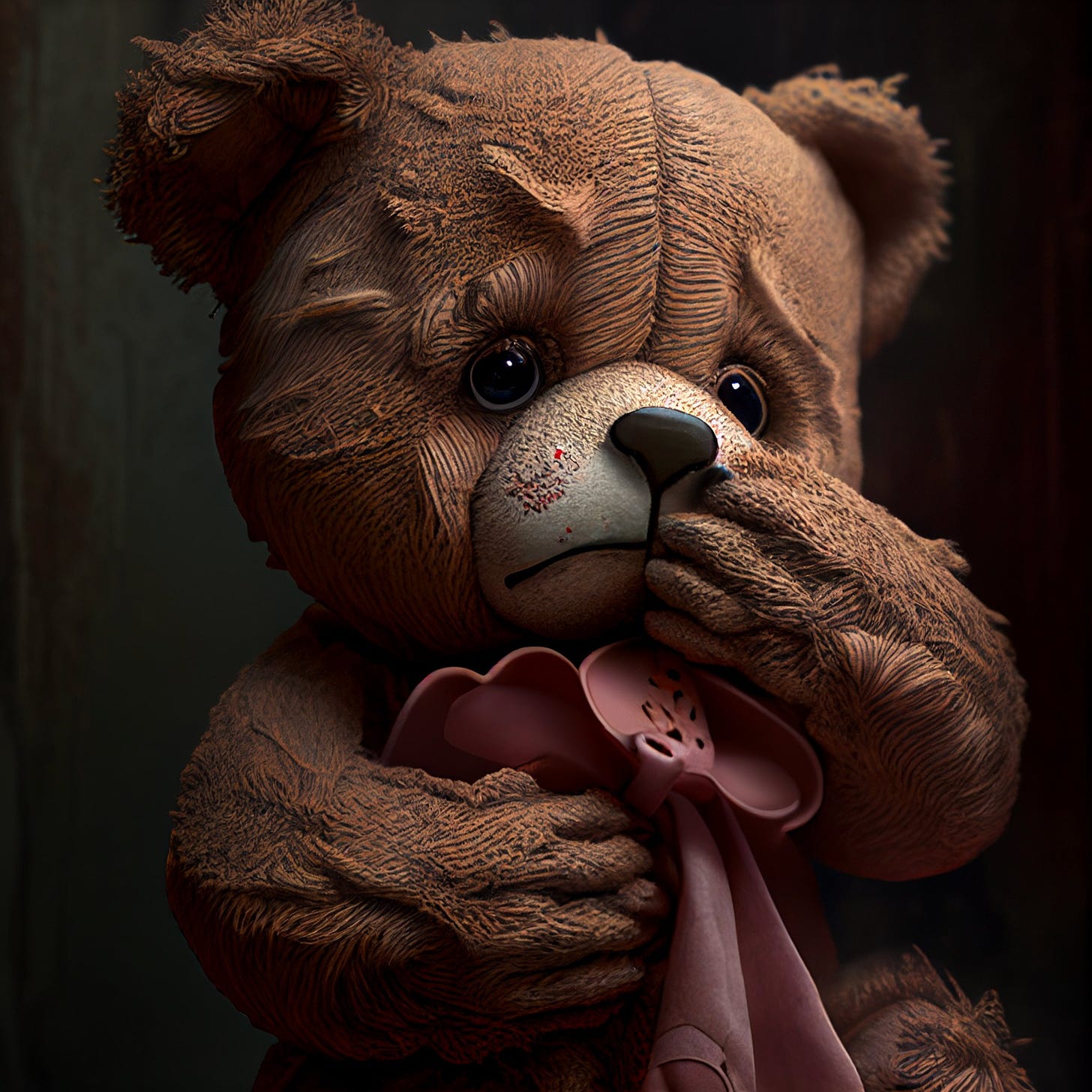 Tearful, frightened, muffled, innocent, distraught, facemask, comfort, quiver, hesitantly, sorrowfully, teddy bear.