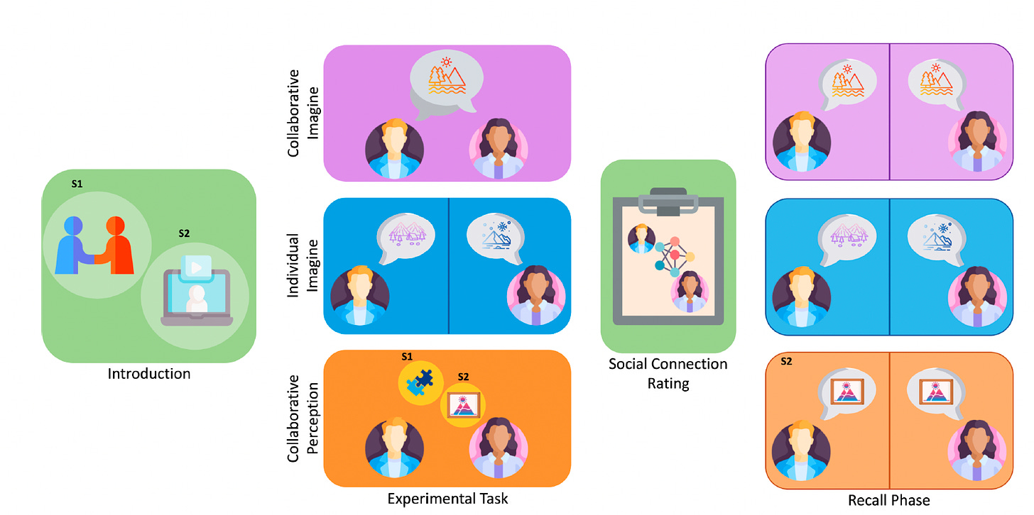 Fig. 1. Experimental design and logic for Study 1 and Study 2. Two studies were conducted to test the hypothesis that co-imagining a shared future event may heighten feelings of social connection above imagining a shared future independently or collaborating on a nonimaginative task and sharing a novel experience in general. Across conditions, participants were first introduced to their dyad partner (in person for Study 1, over video call for Study 2). Participants then completed the experimental task. In the collaborative imagine condition, participants worked together to complete the imagine task: imagining shared future events in as much detail as possible. In the individual imagine condition, participants completed the imagine task independently, allowing us to control for the effect of imagining a shared future in the absence of social interaction. In the collaborative perception conditions (S1: game, S2: scene), participants either collaborated on a game with another participant or collaboratively discussed an image depicting an event with people and objects in a specific location, allowing us to control for the effect of engaging in general present-focused social collaboration. Further, the collaborative perception (scene) condition involved describing details presented in an image (e.g., people, actions, spatial surroundings), enabling us to consider what effect may arise from engaging in a component process necessary for but not unique to imagination (e.g., representing and processing nonautobiographical scene content). All participants then completed a set of items measuring feelings of social connection and closeness with the dyad partner. All participants (excluding S1’s game condition) then completed a recall phase, in which they recounted the imagined event or scene they had described prior in order to isolate stored representations of these experiences for each participant.