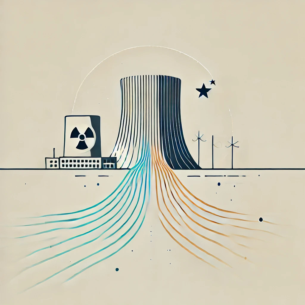 A minimalist graphic representing the nuclear power race with China. The image shows a nuclear reactor on one side and the Chinese flag on the other, with an abstract representation of energy waves connecting them, symbolizing competition. The background is simple with light, neutral tones and no text, emphasizing the focus on the nuclear power race without specific words.