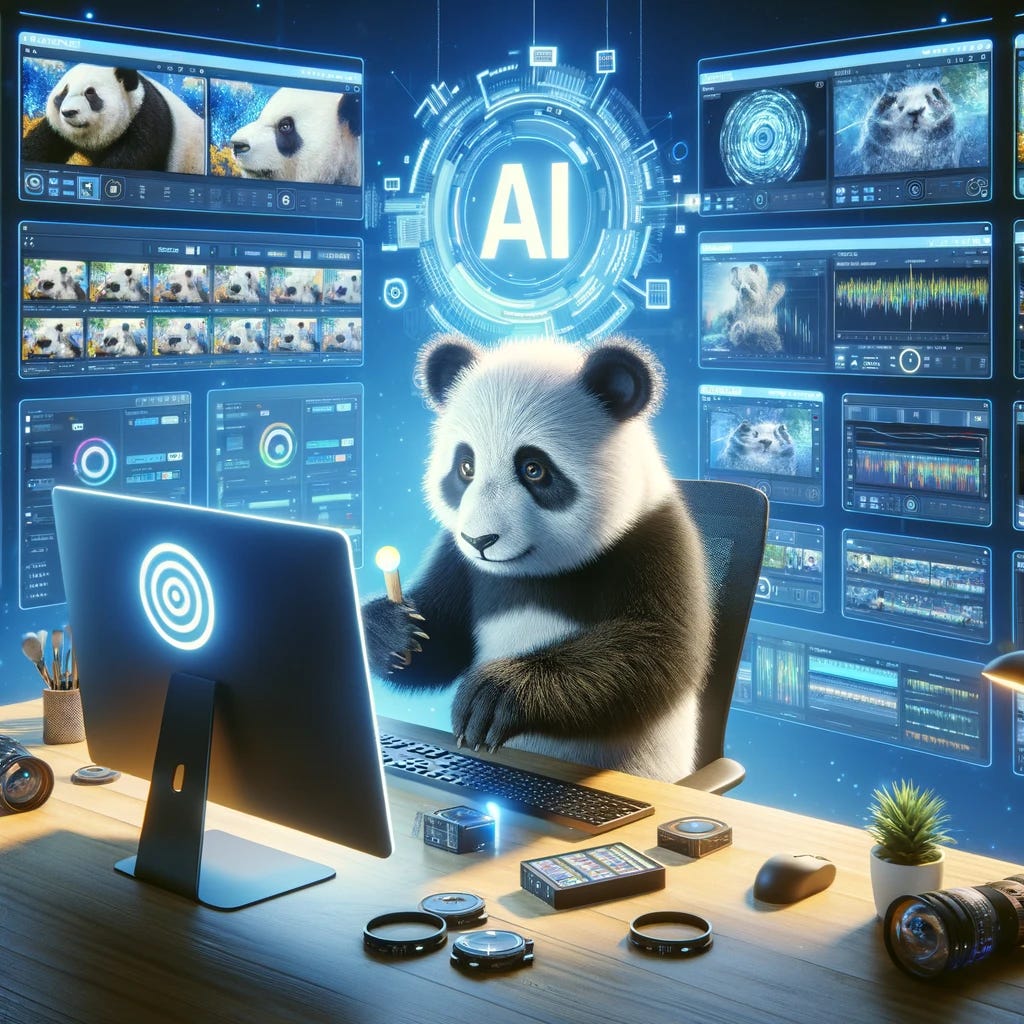 A panda bear using a futuristic AI interface, surrounded by multiple screens displaying video editing software and AI analytics. The environment is modern and tech-forward, illustrating the concept of AI-powered media production. The screens show various media projects in progress, highlighting the panda's role in managing and enhancing video content.