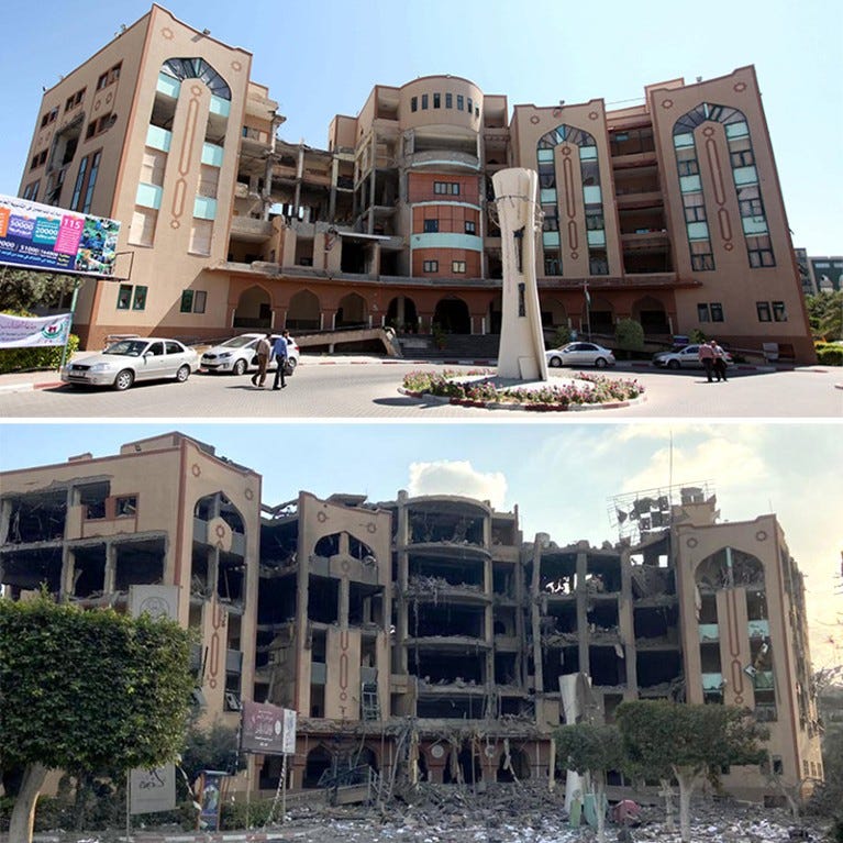Two photos showing the Islamic University of Gaza in 2015 and following an airstrike in October 2023. Two photos showing the Islamic University of Gaza in 2015 and following an airstrike in October 2023.