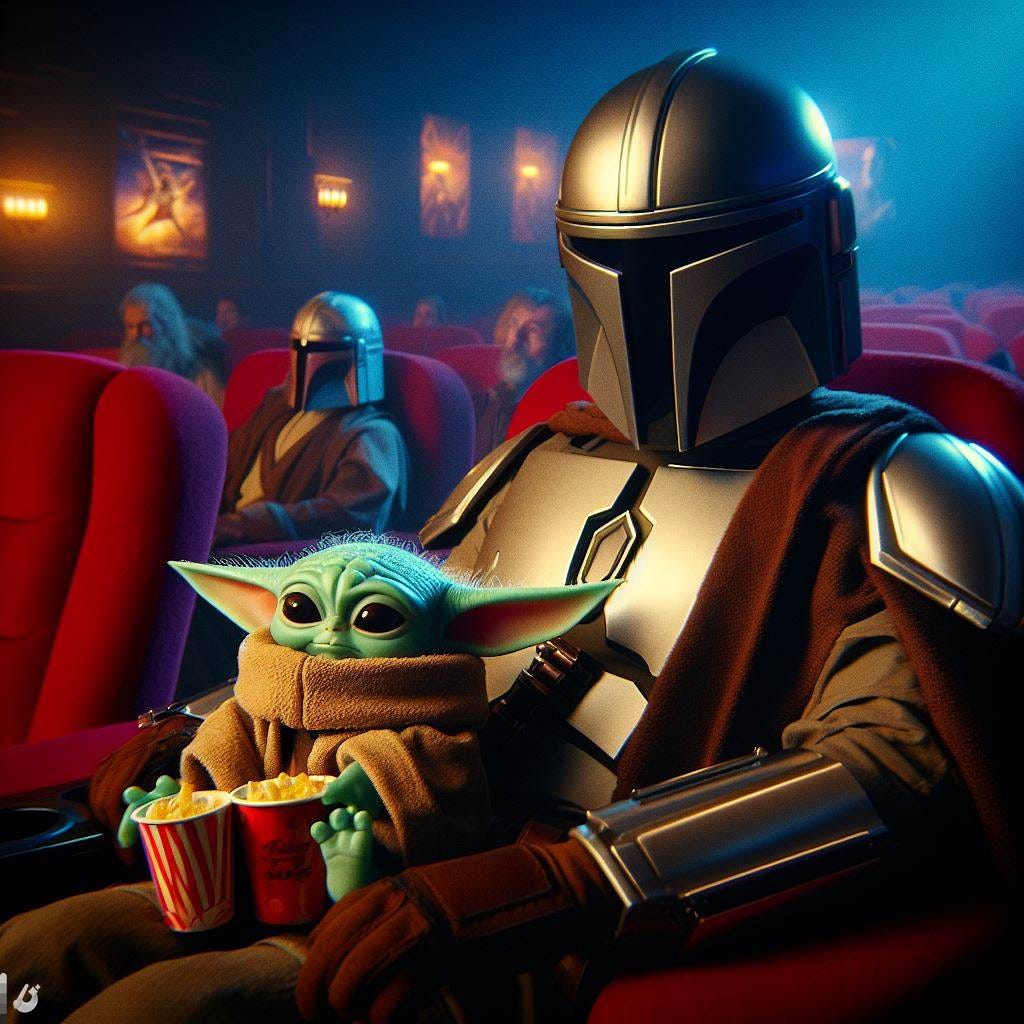 The Mandalorian and Baby Yoda watching a movie at a movie theater