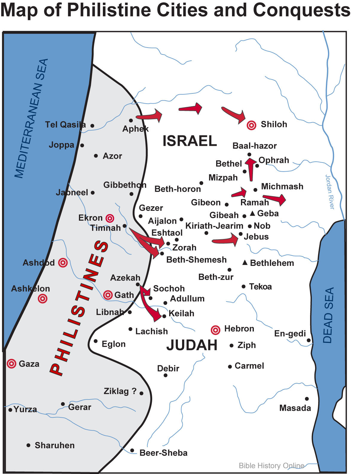 A map of the Philistine cities and their conquest routes into Israel and Judah.