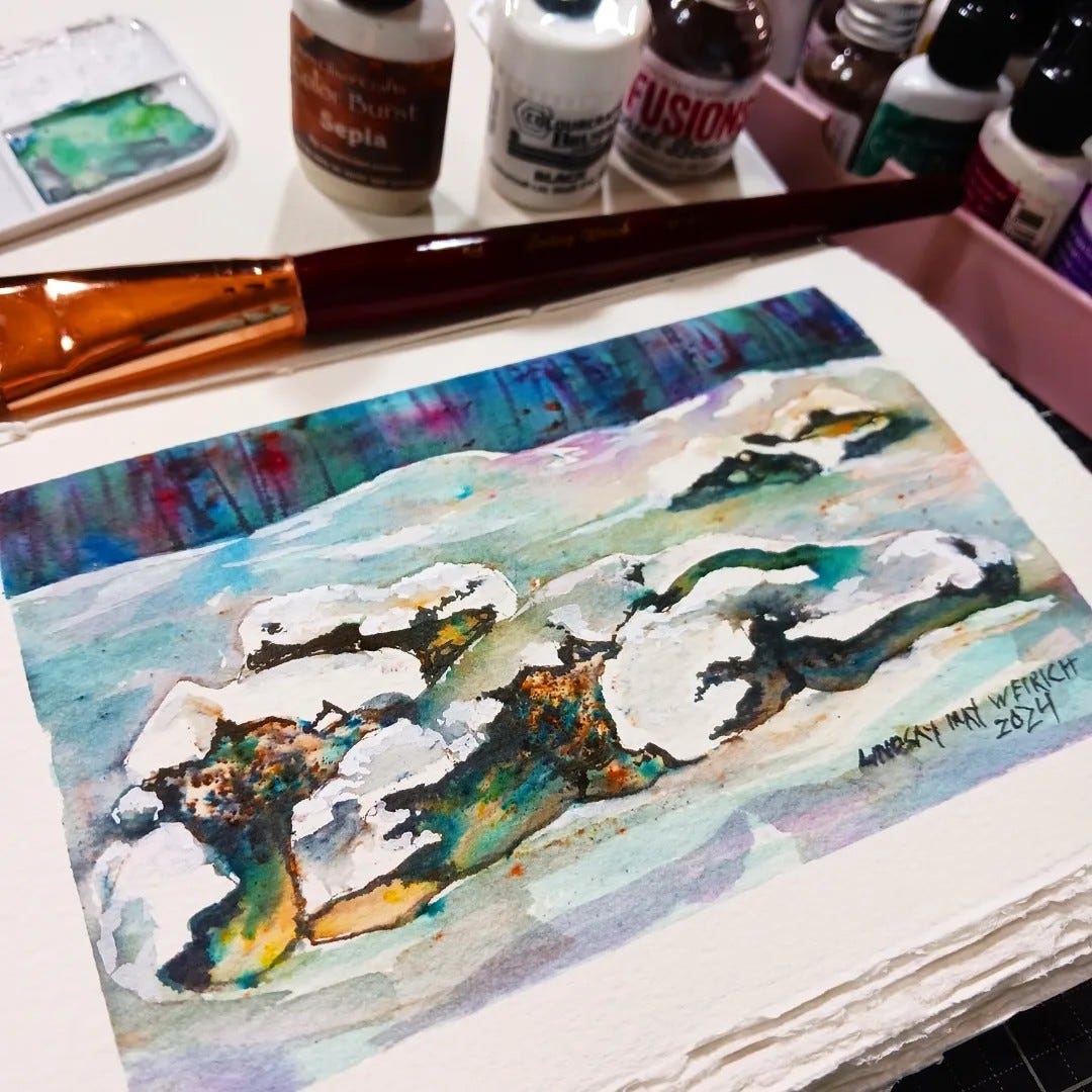 a painting of snowy rocks