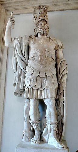 Statue of Mars in full Roman battle regalia holding a spear