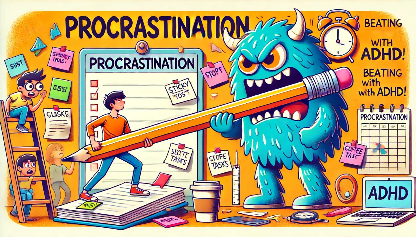 A humorous rectangular illustration featuring a person with ADHD battling procrastination. The scene shows the person facing off against a goofy monster labeled 'Procrastination' with a determined look, holding a giant pencil like a sword. Surrounding them are scattered sticky notes, a laptop, a coffee cup, and a timer. The person is standing on a pile of completed tasks, with a look of triumph. The overall style is vibrant, whimsical, and filled with playful elements to convey the humorous struggle of beating procrastination with ADHD.