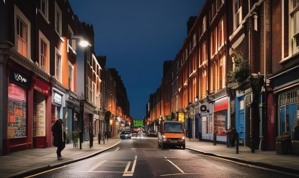 Night-time: Image of an isolated main streets, shops closed, lone people walking, vans driving with lights on. 