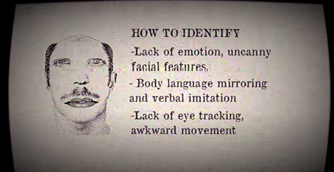 A picture of black text on a white screen, next to a drawing of a man's head where the proportions are wrong. It reads HOW TO IDENTIFY: lack of emotions and facial features, body language mirroring and verbal imitation, lack of eye tracking, awkward movement