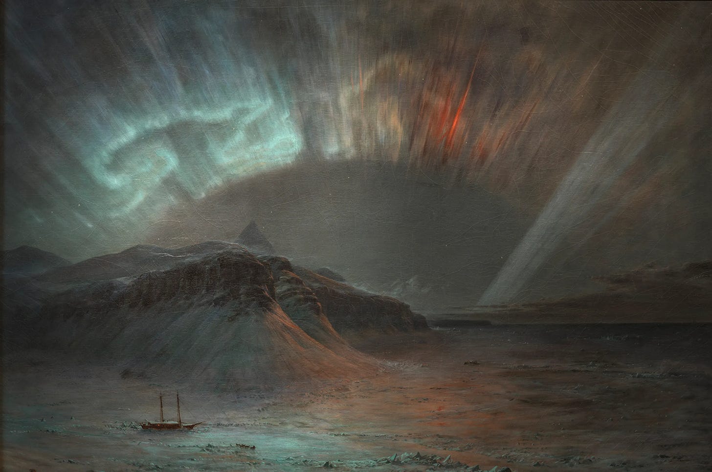 Image is a painting of the aurora borealis at night over dark mountains and an ice-covered sea, with an icebreaker ship at the bottom left that is diminished by the magnitude of its surroundings. 
