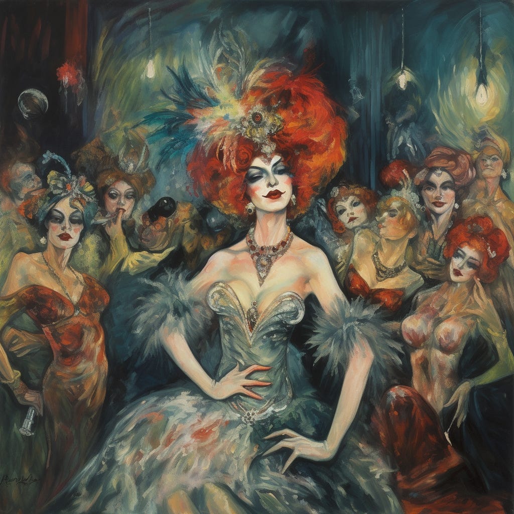 a painting of a drag performance, in the style of Otto Dix