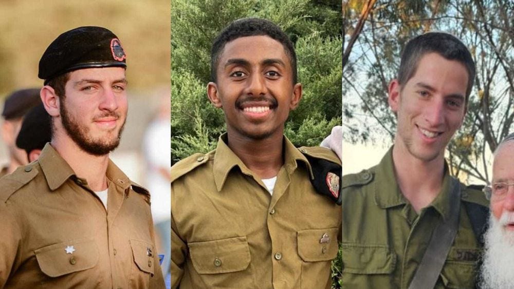 First Sergeant Matityahu Ya’akov Perel, First Sergeant Kenew Kasa, and First Sergeant Nevo Fisher, who were killed in the northern Gaza Strip