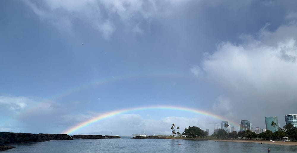 A double rainbow over the ocean
