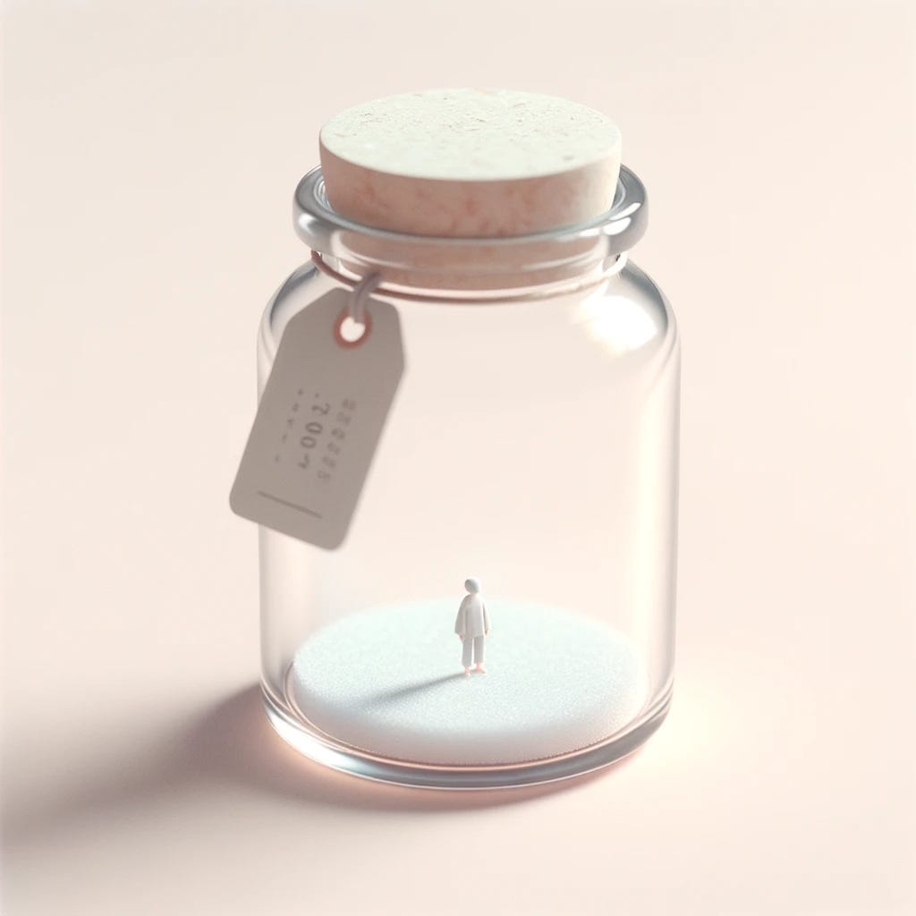 A tiny person inside a jar with a label outside.