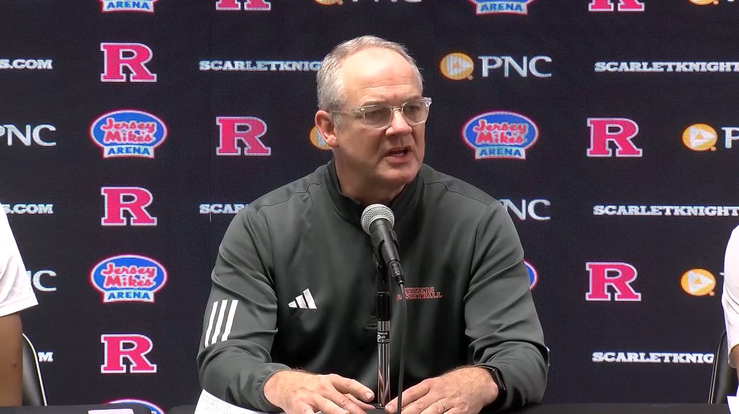 Rutgers coach Steve Pikiell speaks to reporters after a win over Merrimack on Nov. 20, 2024. (YouTube screenshot via Rutgers athletics)