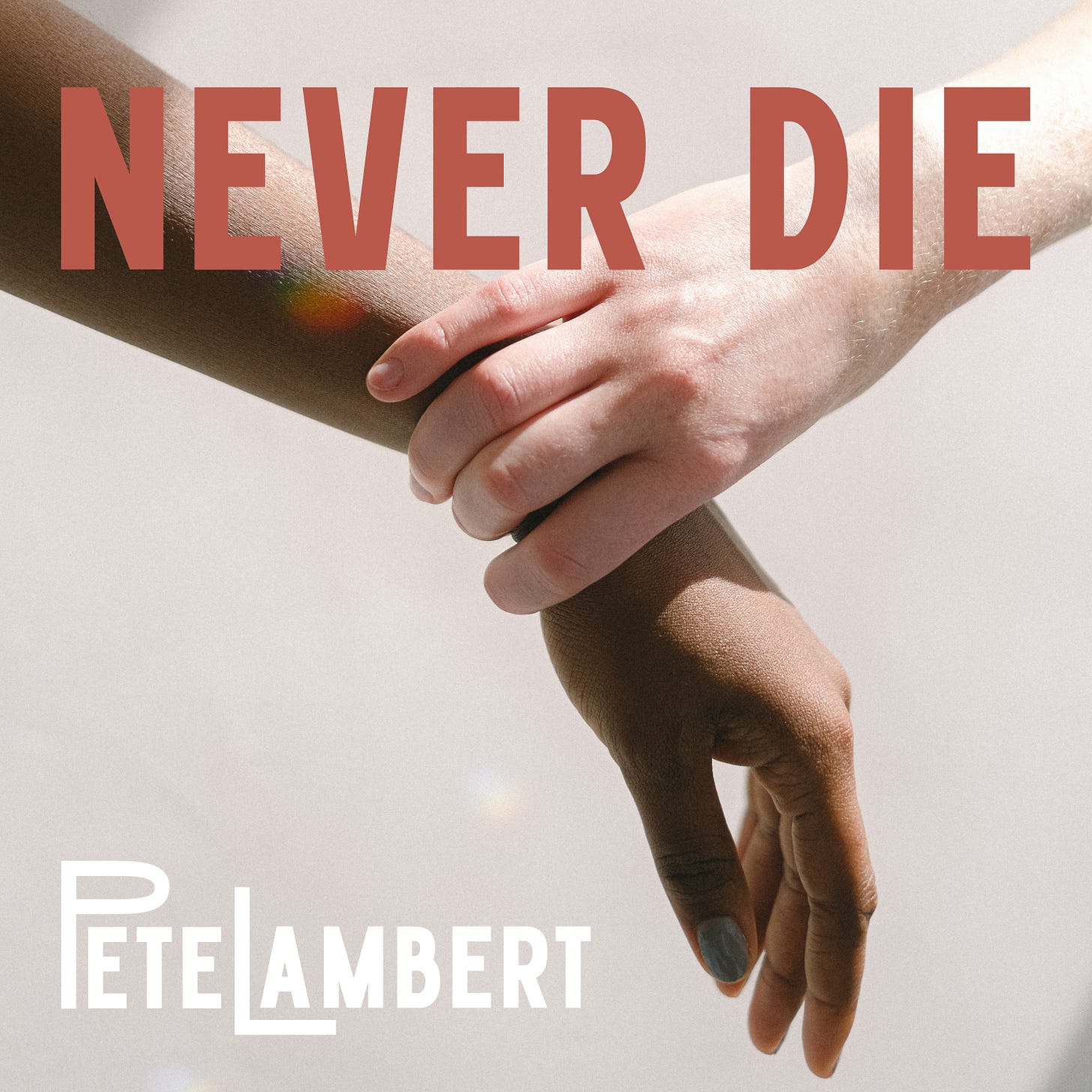 Never Die by Pete Lambert - CD Artwork. Two people's ands - one desperately holding onto the wrist of the other.