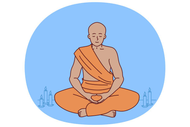 Buddhist manah meditates sitting in lotus position in tibetan temple to achieve spiritual harmony Buddhist manah meditates sitting in lotus position in tibetan temple to achieve spiritual harmony. Buddhist hermit sits alone wishing to comprehend true enlightenment thanks to zen ideology Wisdom of Zen Practice stock illustrations