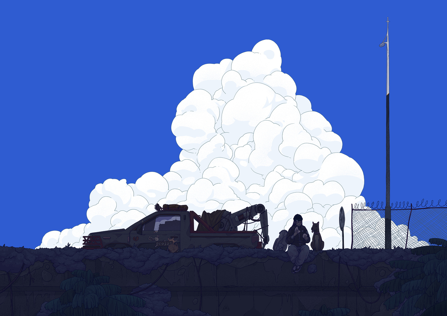 General 4961x3508 digital art artwork illustration clouds sky blue (artery gear) sitting women dog animals vehicle cranes (machine)