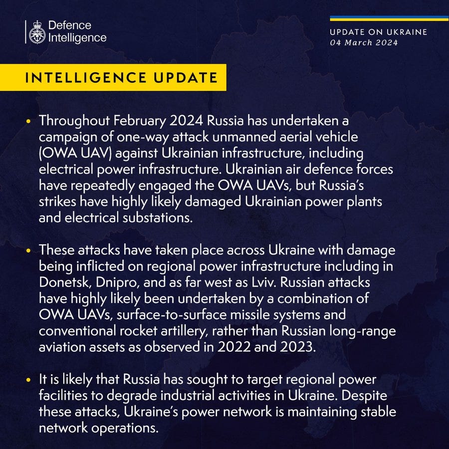 Throughout February 2024 Russia has undertaken a campaign of one-way attack unmanned aerial vehicle (OWA UAV) against Ukrainian infrastructure, including electrical power infrastructure. Ukrainian air defence forces have repeatedly engaged the OWA UAVs, but Russia’s strikes have highly likely damaged Ukrainian power plants and electrical substations.

These attacks have taken place across Ukraine with damage being inflicted on regional power infrastructure including in Donetsk, Dnipro, and as far west as Lviv. Russian attacks have highly likely been undertaken by a combination of OWA UAVs, surface-to-surface missile systems and conventional rocket artillery, rather than Russian long-range aviation assets as observed in 2022 and 2023.

It is likely that Russia has sought to target regional power facilities to degrade industrial activities in Ukraine. Despite these attacks, Ukraine’s power network is maintaining stable network operations.
