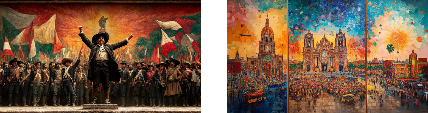 A composite image featuring two contrasting scenes: on the left, a dramatic portrayal of a historical figure resembling a Mexican revolutionary leader standing with arms raised in front of a group of men in traditional attire, set against a backdrop of flags and a mural; on the right, a vibrant, colorful painting of Mexico City's Zócalo, depicting a bustling crowd, the Metropolitan Cathedral, and bright abstract skies filled with bursts of color, blending realism with artistic interpretation.