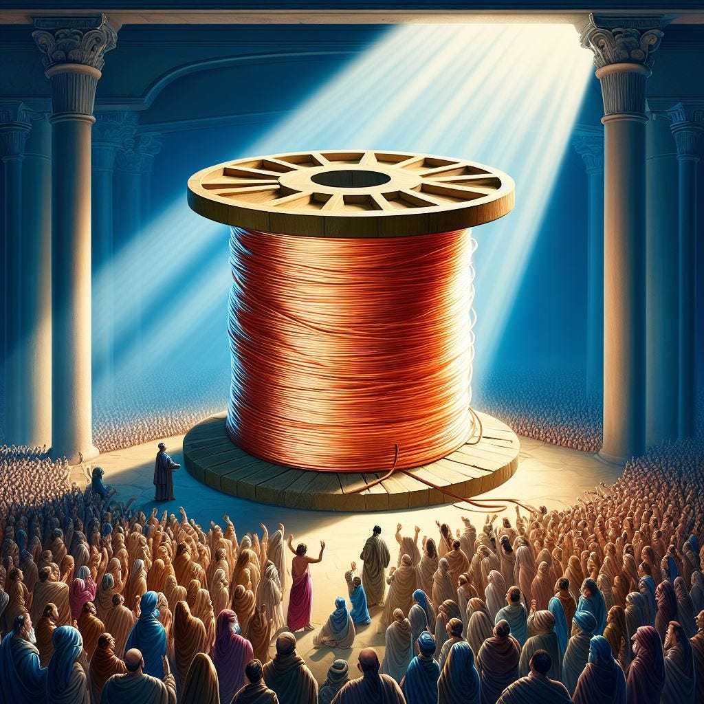 a whole bunch of people made a pilgrimmage to see a gigantic spool of copper wire, that's sat on a podium in a god-like way with light shining on it from the heavens, but it's really just a roll of copper wire. It should be comical, humourous, and satire