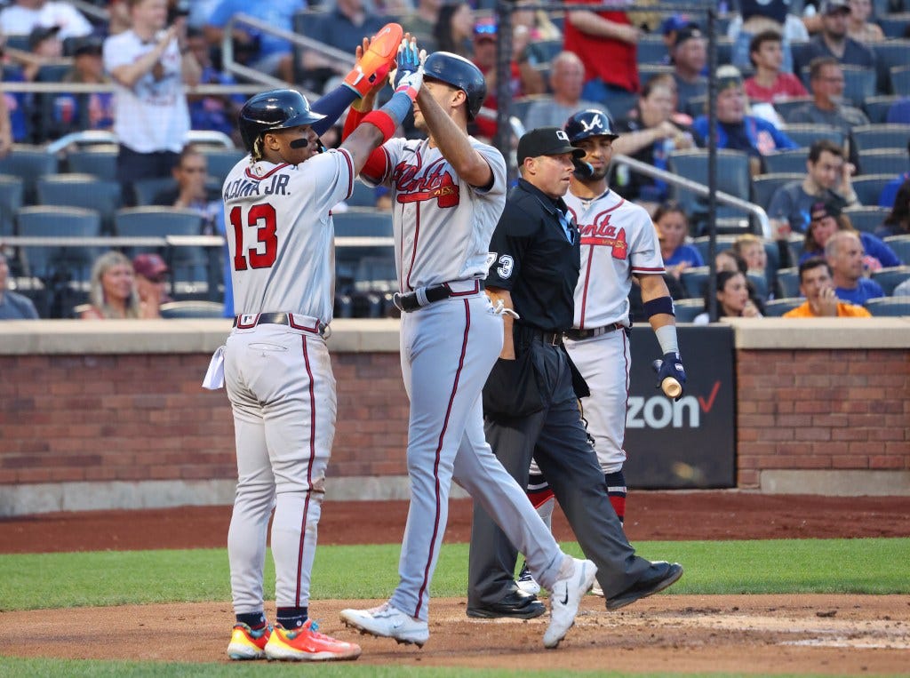 Ronald Acuna Jr., Matt Olson, and Austin Riley score when New York  Kodai Senga gave up a 3-run double to Atlanta Braves designated hitter Marcell Ozuna in the first inning.