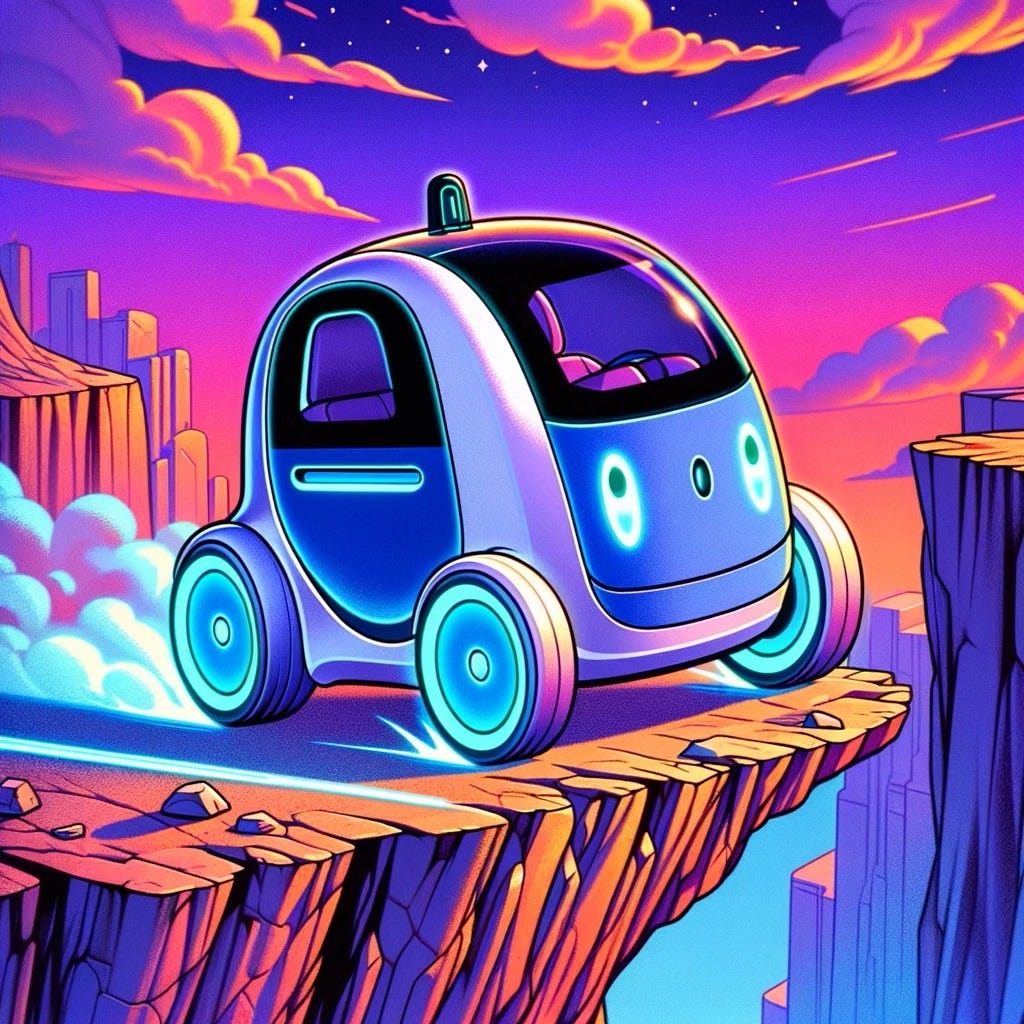 a futuristic self-driving car driving off a cliff, designed in a style reminiscent of a 1990s adult cartoon that played on Fox.