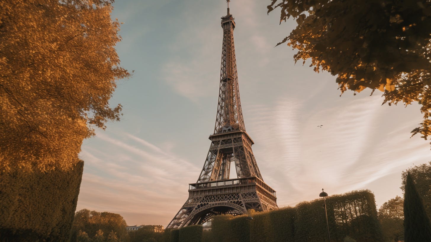 an editorial style photo of the eiffel tower shot on a Fujifilm Pro 400H, golden hour