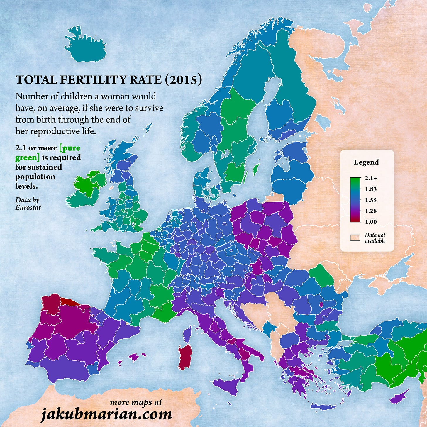 Fertility rate by region in Europe