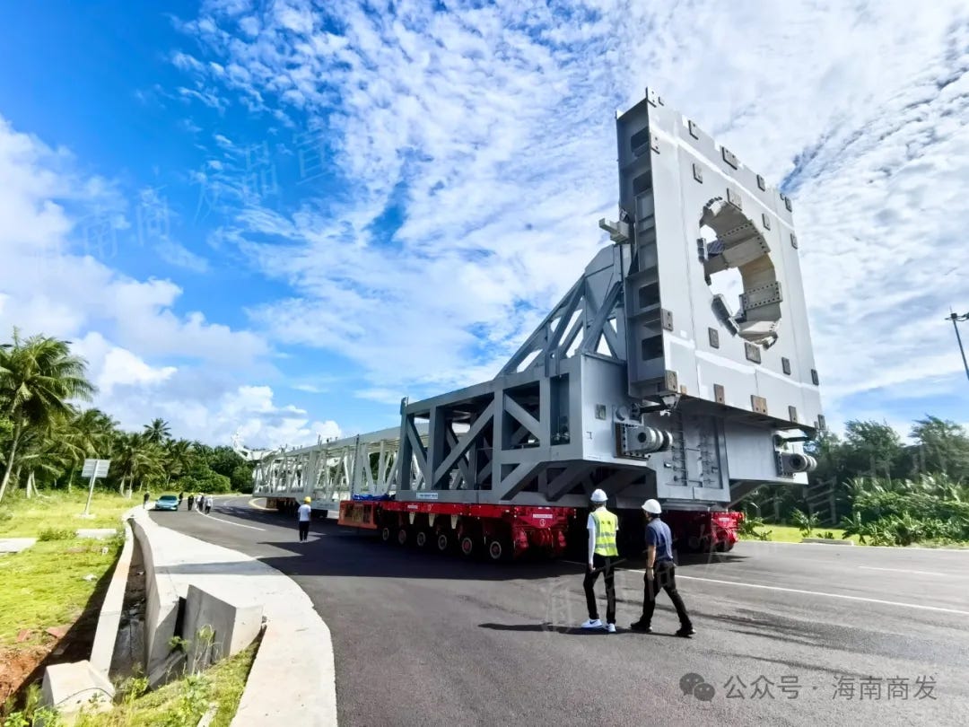 The launch vehicle erector during the road transportation test on three self-propelled vehicles.