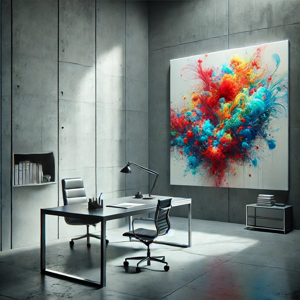 A stark, minimalist office with cold, gray walls, a sleek metal desk, and a single chair. The room feels sterile and lifeless, bathed in artificial light. However, in the corner, there is a single burst of color—a vivid abstract painting leaning against the wall, or a book with a bright, chaotic cover left open on the desk. Outside a large window, a surreal, dreamlike landscape is barely visible, hinting at the world of creativity beyond the rigid confines of the office.