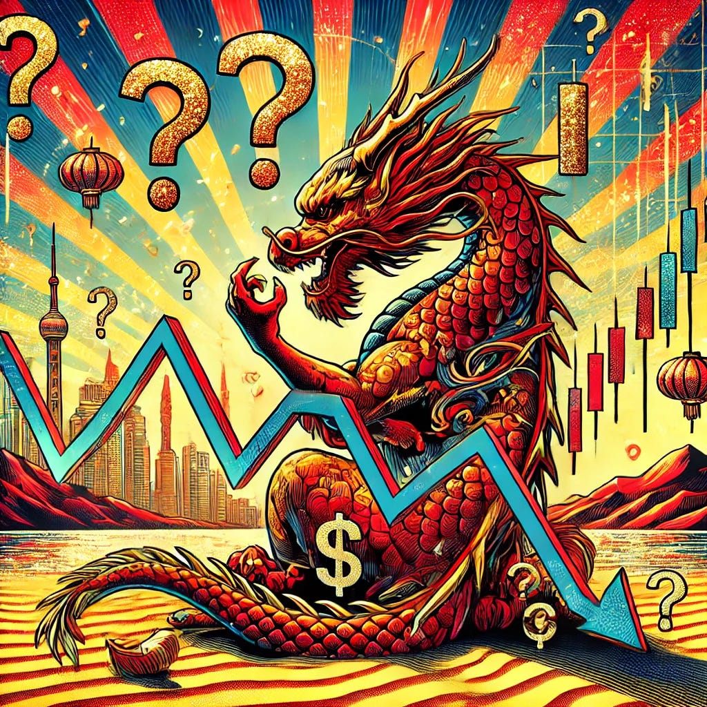 A vibrant and dramatic pop-art style illustration depicting a Chinese dragon entangled with a stock market graph in decline, surrounded by question marks and glittering economic symbols. The dragon appears contemplative, as if pondering its next move, with a mix of red and gold hues symbolizing China. The background features a desert mirage effect with fading Chinese cityscapes and shimmering mirage-like visuals to represent illusion. The scene is energetic, with a focus on economic themes and dramatic contrasts. Style is vibrant, detailed, and dynamic.