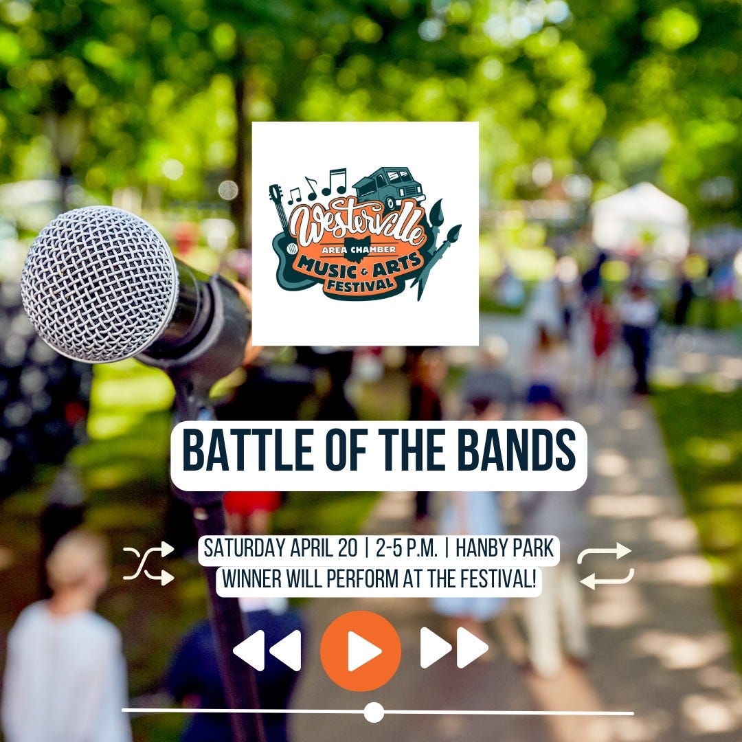 May be an image of 2 people and text that says '特小 Westervelle REA CHAMBER MUSIC.ARTS MUSICE ARTS FESTIVAL BATTLE OF THE BANDS ጋር SATURDAY APRIL 20 2-5P.M. HANBYPARK HANBY PARK WINNER WILL PERFORM AT THE FESTIVAL!'