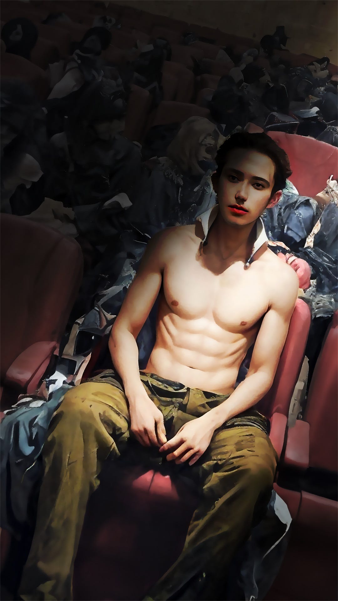 "In the Back Row..." portrays a shirtless late-20s white male seated in a darkened theater, the dim silhouettes of an audience around him, faces obscured and indistinct. Digital tools included AI. The young man's exposed torso and open posture contrast sharply with the anonymity and concealment of the figures in the shadows, reflecting the vulnerability and exposure often felt by those who live with autism as they navigate social settings. This image encapsulates the themes from the tale of an autistic adult's moment of liberation—a poignant Halloween memory where the theater's darkness becomes a sanctuary, a place where one can unmask and embrace their authentic self amongst those who also diverge from the norm. The surrounding figures, vague and unfocused, emphasize the isolation that can accompany this unmasking, even in a crowd.