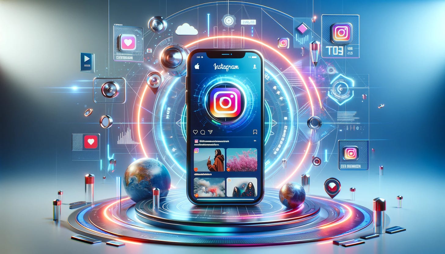 A modern, visually appealing composition representing Instagram trends in 2024. Include a smartphone with Instagram's interface, displaying popular content like short videos and influencer posts. The background features futuristic graphical elements and vibrant colors symbolizing the digital era. The scene should be sleek, trendy, and suitable for a newsletter audience, in a horizontal format.