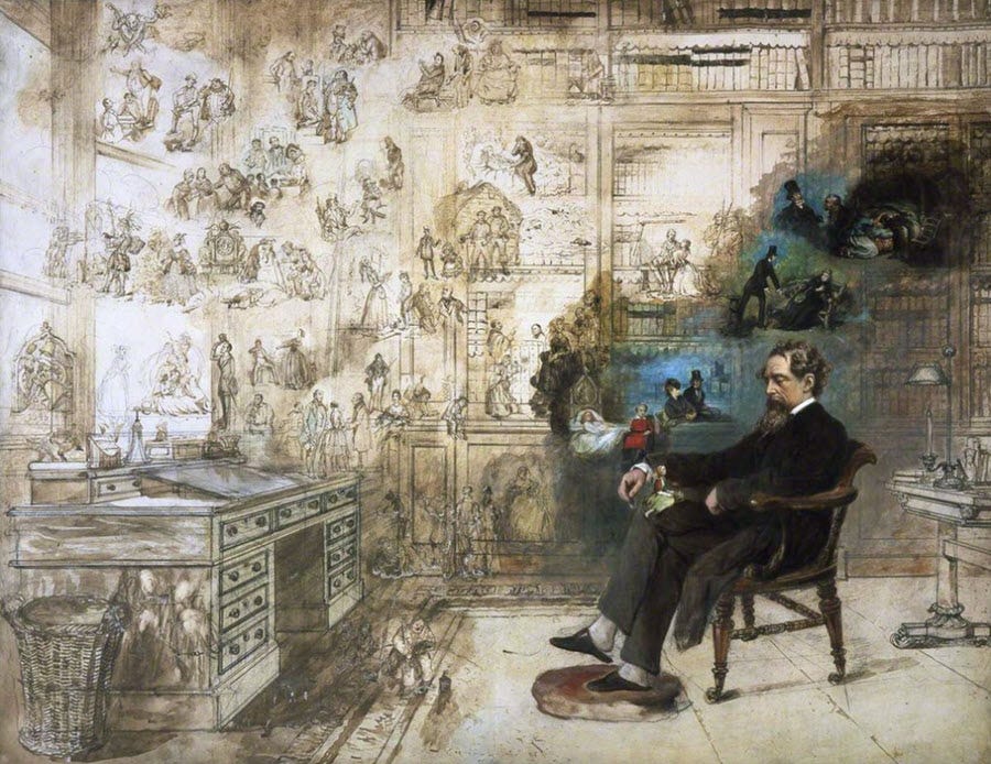 Dickens's Dream by Robert William Buss, portraying Dickens at his desk at Gads Hill Place surrounded by many of his characters