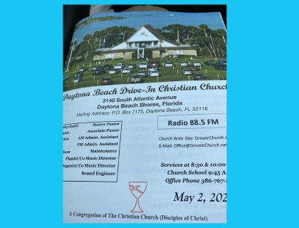 photo of a church bulletin from a drive in church in daytona beach florida 