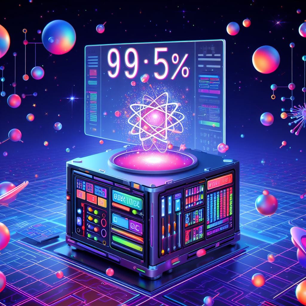 A quantum computer with a big screen that reads "99,5%" in the middle of space. There are electrons and qubits flying around. Colourful and cheerie