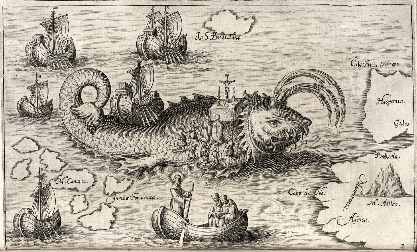 St. Brendan's giant fish next to island, and the "fortunate isle" next to it St. Brendan's giant fish next to island, and the "fortunate isle" next to it