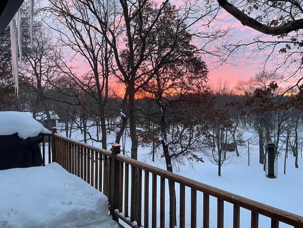 A snow covered deck with trees and a sunset

Description automatically generated