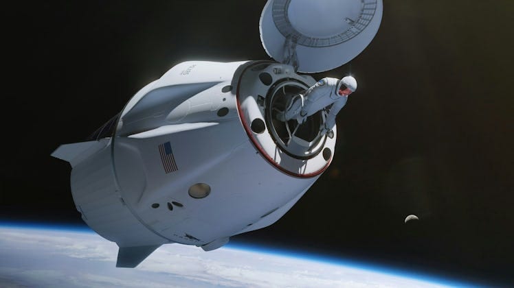 illustration of an astronaut drifting out an open hatch at the front of a space capsule