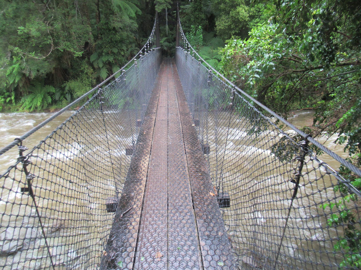 Suspension bridge over raging river