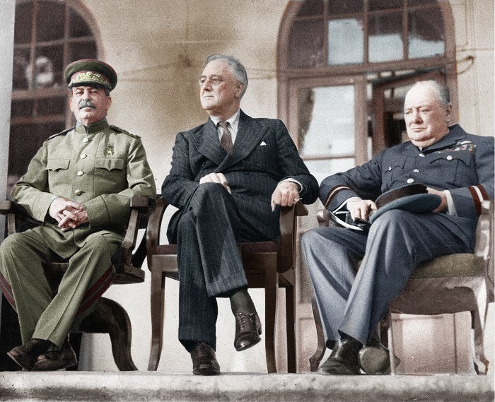 CCW] Stalin, Roosvelt and Churchill at the Tehran Conference (1943) :  r/Colorization