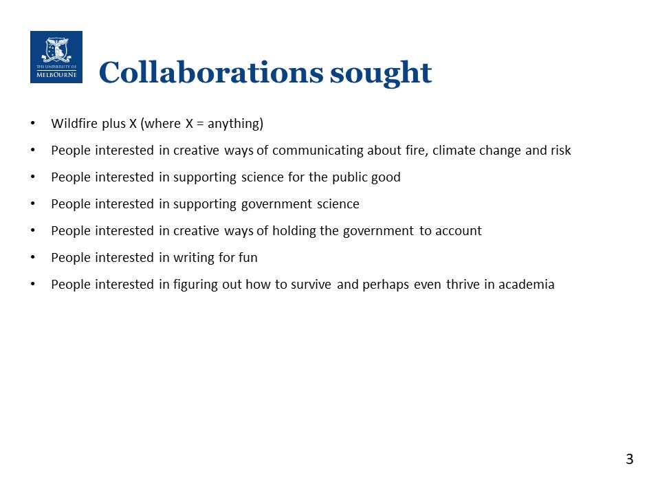 Powerpoint slide listing topics Future Fire is keen to collaborate on