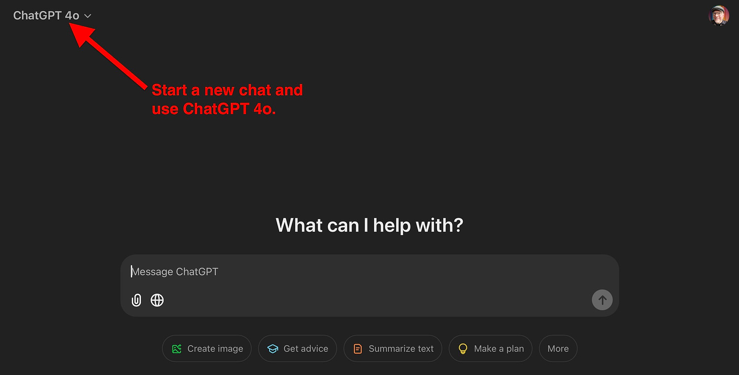 An image of a new ChatGPT chat using the ChatGPT 4o model.