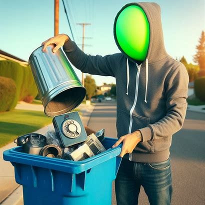 Photo. A man wears jeans and an unzipped gray hoodie (with the hood down at his back). He holds a small silver trash can upside down, dumping its contents into a huge blue plastic garbage bin on the curb in the suburbs on a beautiful day. Both of his hands hold the trash can. An old rotary phone and an old TV are in the bin. The man does not have a head but instead has a basic bright neon green sphere in its place.