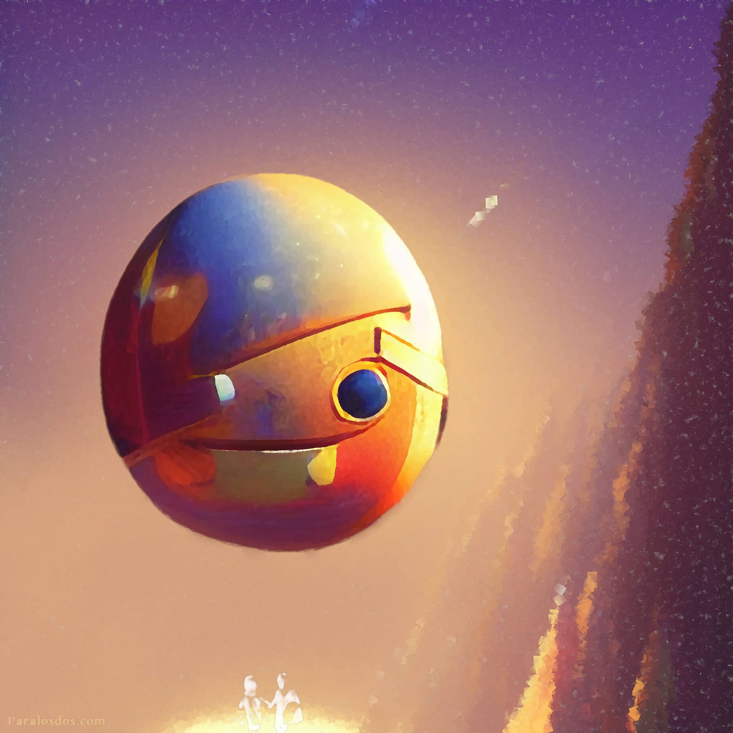 A fantastical artistic rendering of a round face hovering above a light beside mountains.