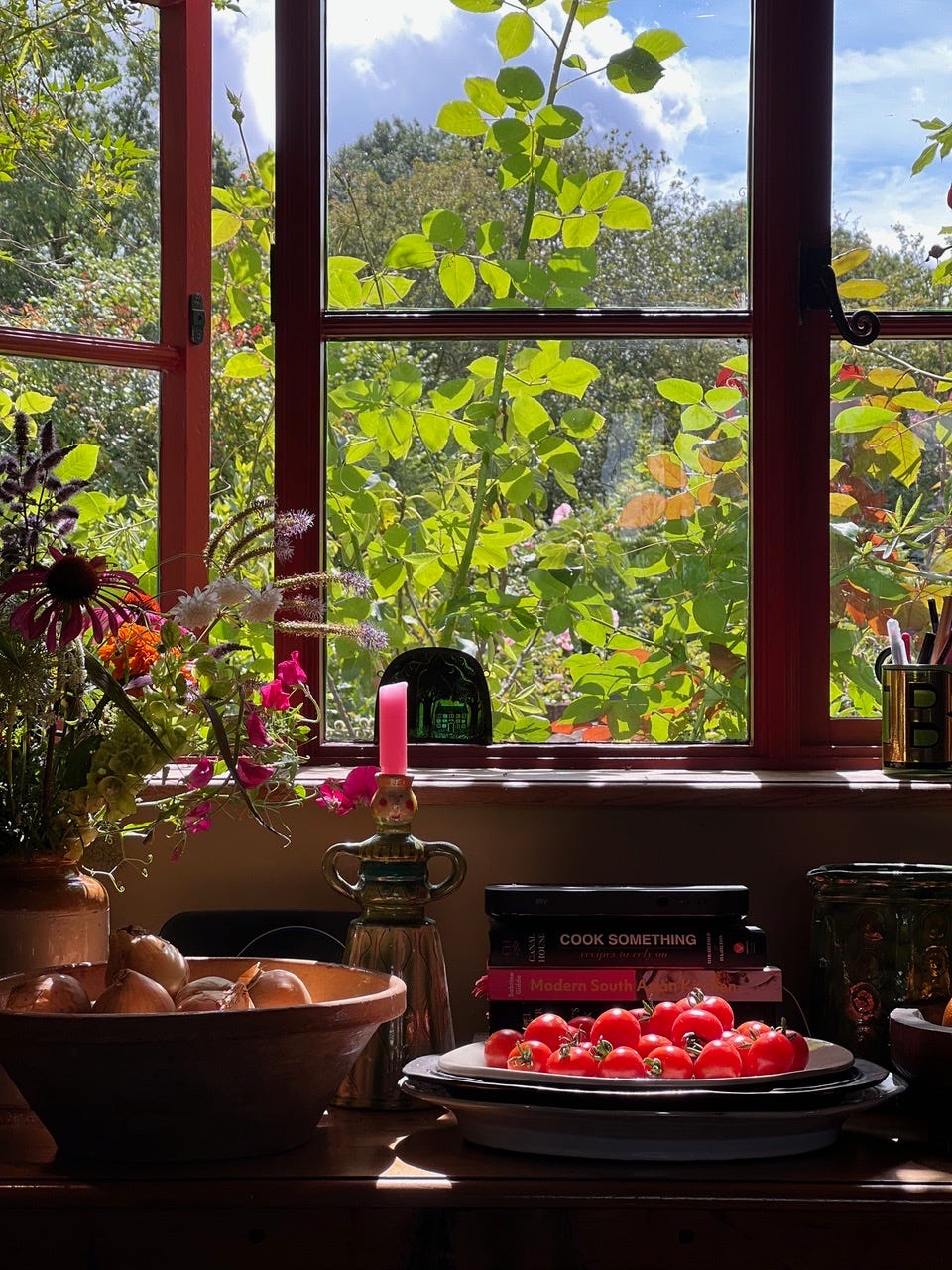 a beautiful view out onto a garden with a pretty kitchen windowsill in front