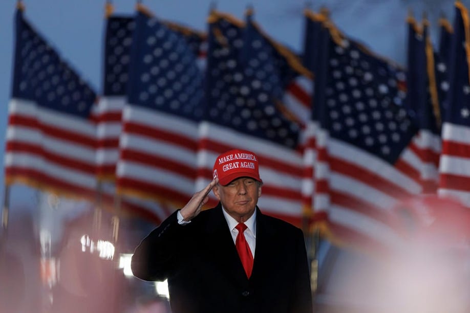 For the image of President Trump saluting with American flags in the background, placed above your closing statement: Alt Text: "President Trump in a classic coat, white shirt, and red tie, donning a MAGA hat, salutes before a backdrop of multiple American flags, symbolizing a call to patriotism and national unity.