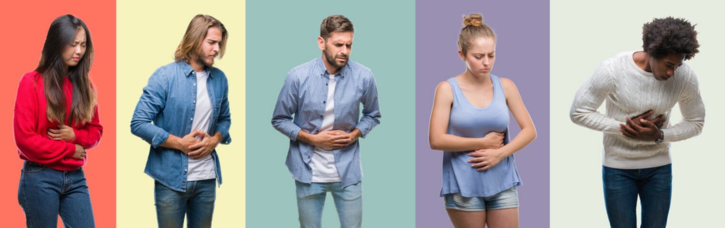 Composition of african american, hispanic and chinese group of people over vintage color background with hand on stomach because nausea, painful disease feeling unwell. Ache concept.